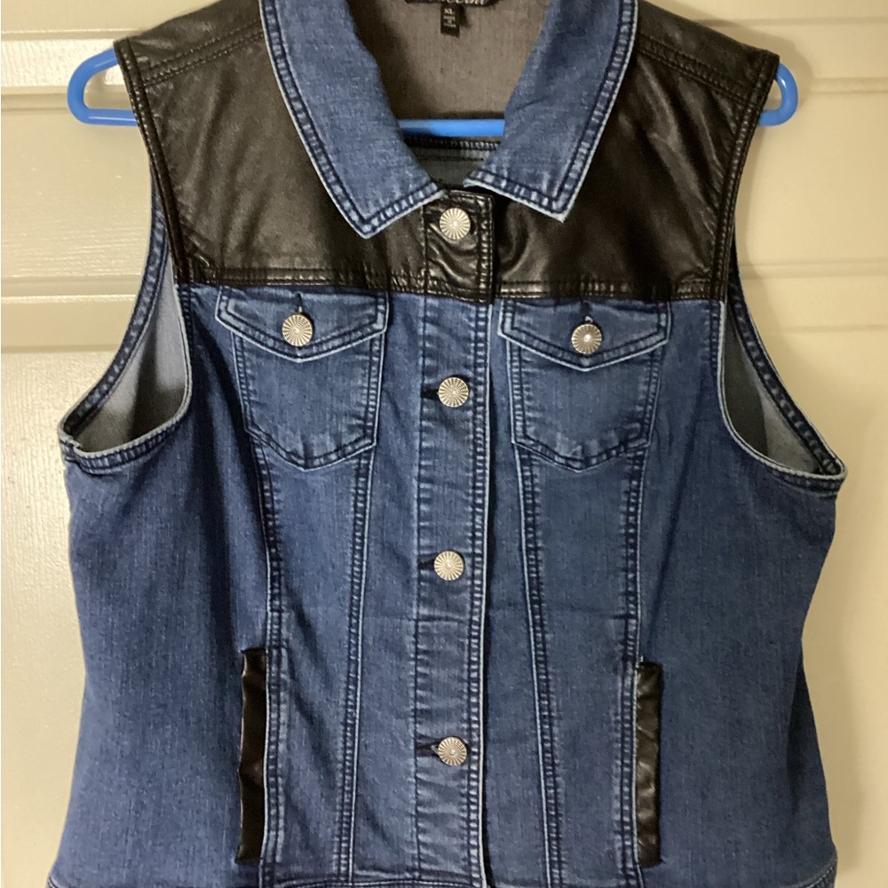 Baccini Blue Denim Vest with Black Faux Leather Yoke